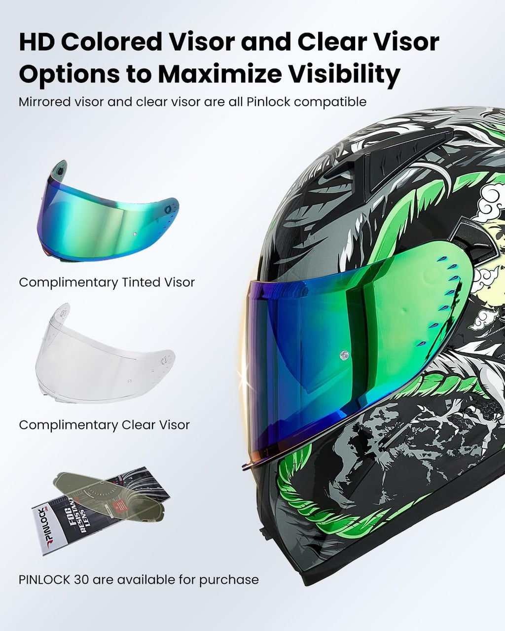 Motorcycle Helmet Full Face with Pinlock Compatible Clear&Tinted Visors and Fins Street Bike Motocross Casco DOT Model Z501(Legend Green, Medium)