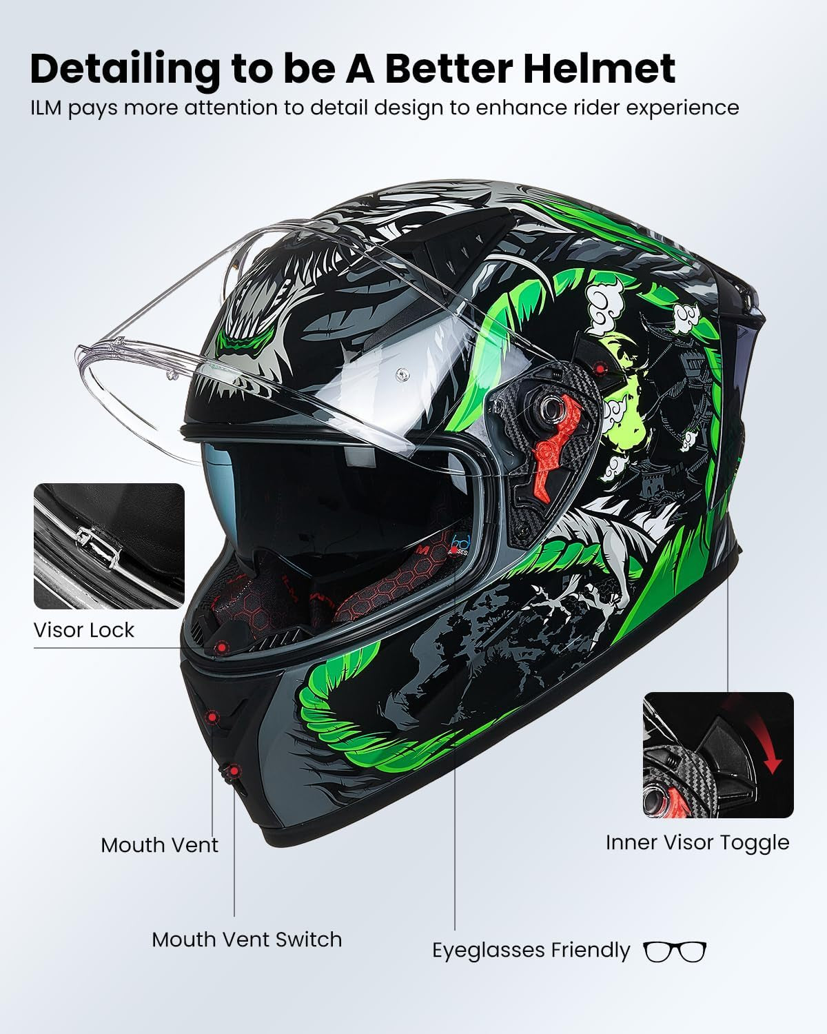 Motorcycle Helmet Full Face with Pinlock Compatible Clear&Tinted Visors and Fins Street Bike Motocross Casco DOT Model Z501(Legend Green, Medium)