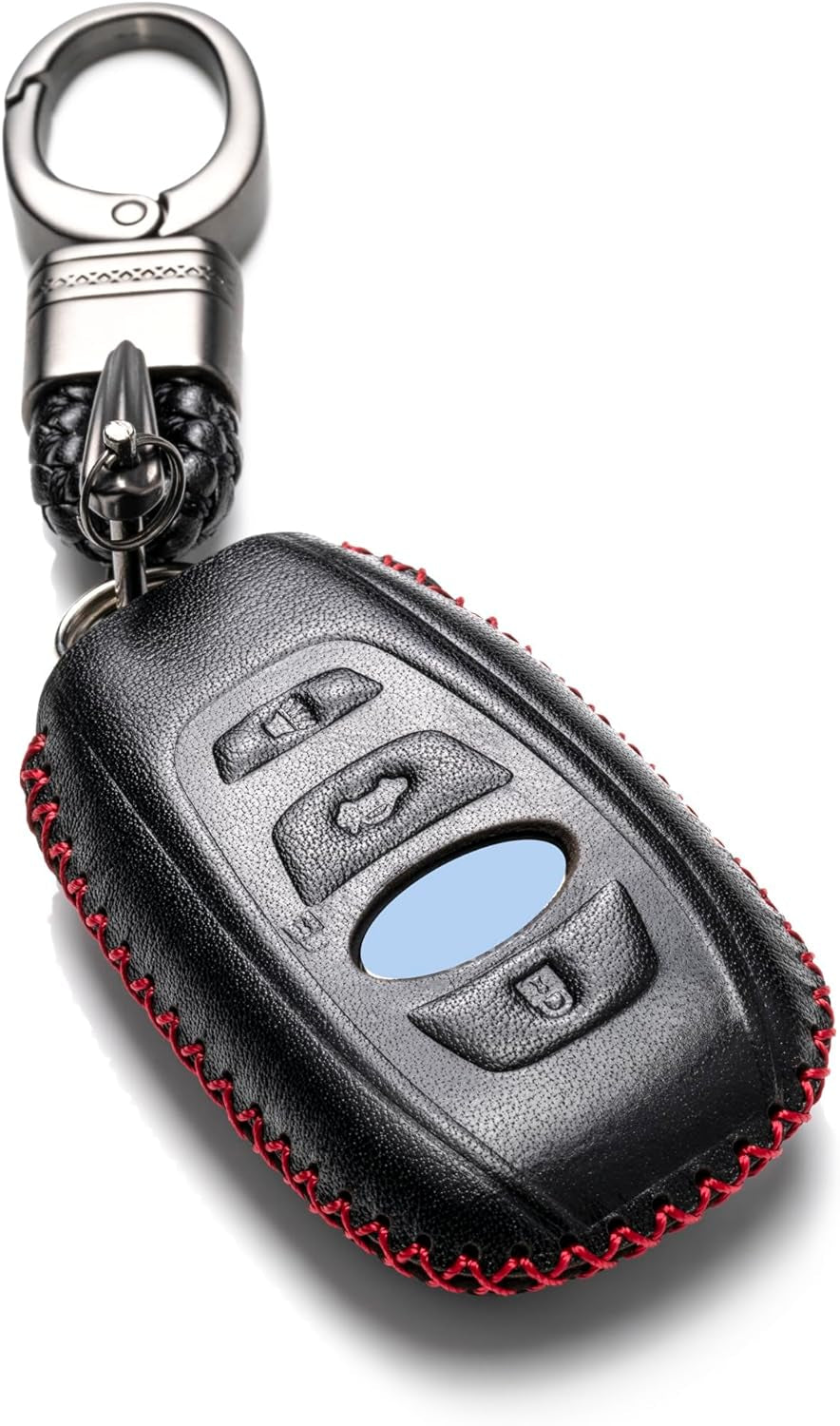 Leather Smart Key Fob Case Cover Compatible with Subaru Forester, Impreza, Outback, WRX, BRZ, XV Crosstrek, Ascent, Solterra 2014 - 2025 (4-Button, Black/Red)