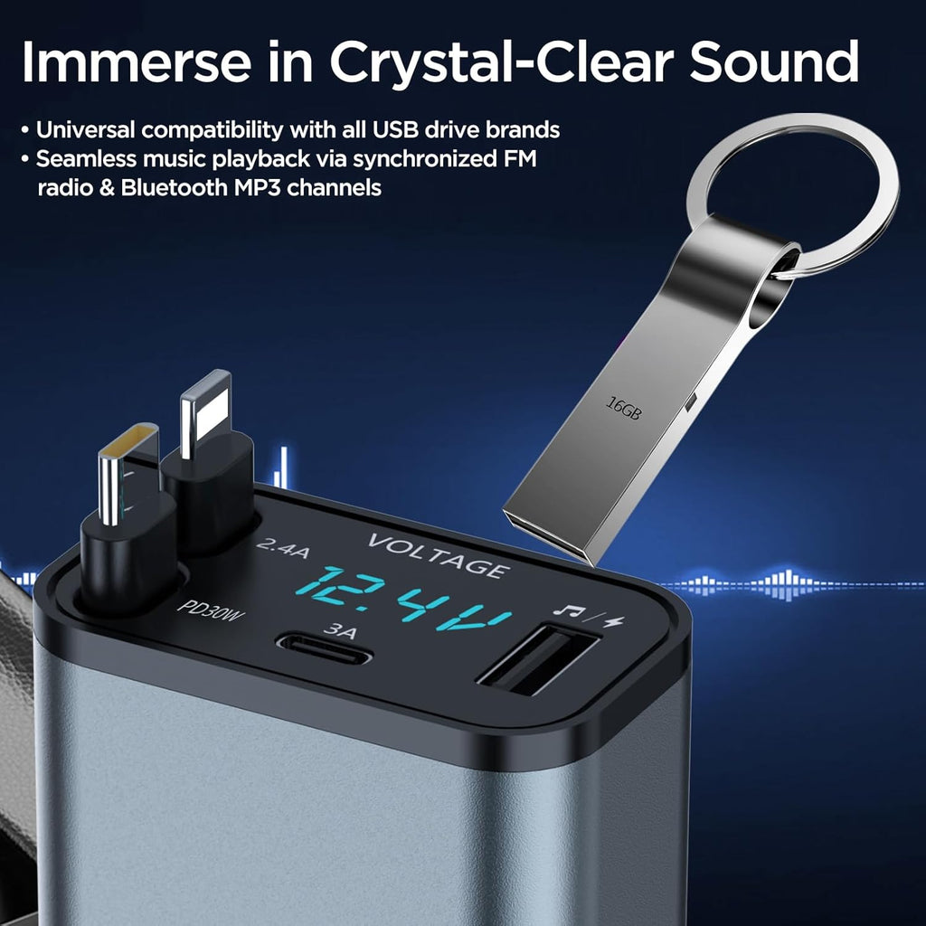 Retractable Car Charger,5 in 1 PD Car Phone Charger with Bluetooth 5.3 FM Transmitter,Handsfree Call and MP3 Player,2 Retractable Cables and USB Charging Adapter for Cars Phone,Galaxy,Pixel(Grey)