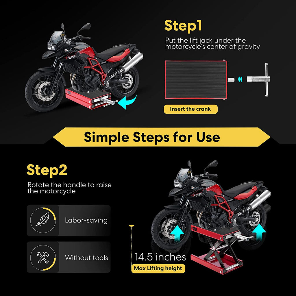 1100 LBS Motorcycle Lift Scissor Jack, Wide Deck Hoist Stand, Height Adjustable Center Stand with Crank, Steel Lift for Cruiser, Dirt Bike, ATV - Red