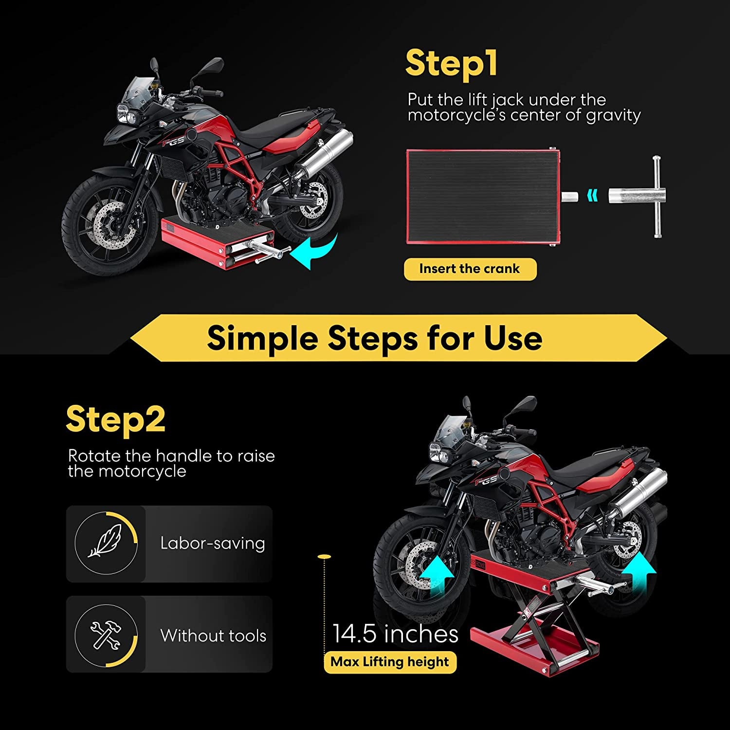 1100 LBS Motorcycle Lift Scissor Jack, Wide Deck Hoist Stand, Height Adjustable Center Stand with Crank, Steel Lift for Cruiser, Dirt Bike, ATV - Red