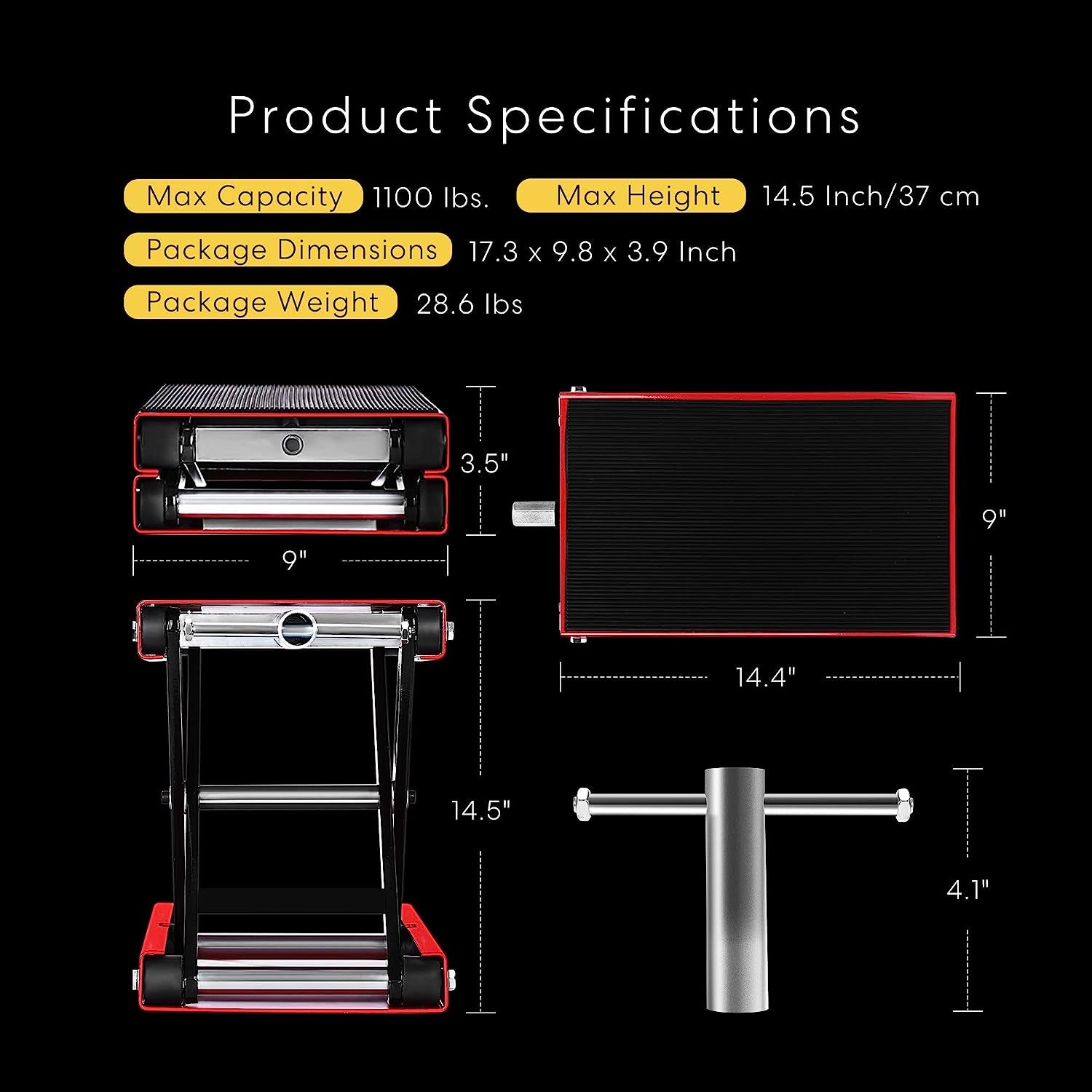1100 LBS Motorcycle Lift Scissor Jack, Wide Deck Hoist Stand, Height Adjustable Center Stand with Crank, Steel Lift for Cruiser, Dirt Bike, ATV - Red