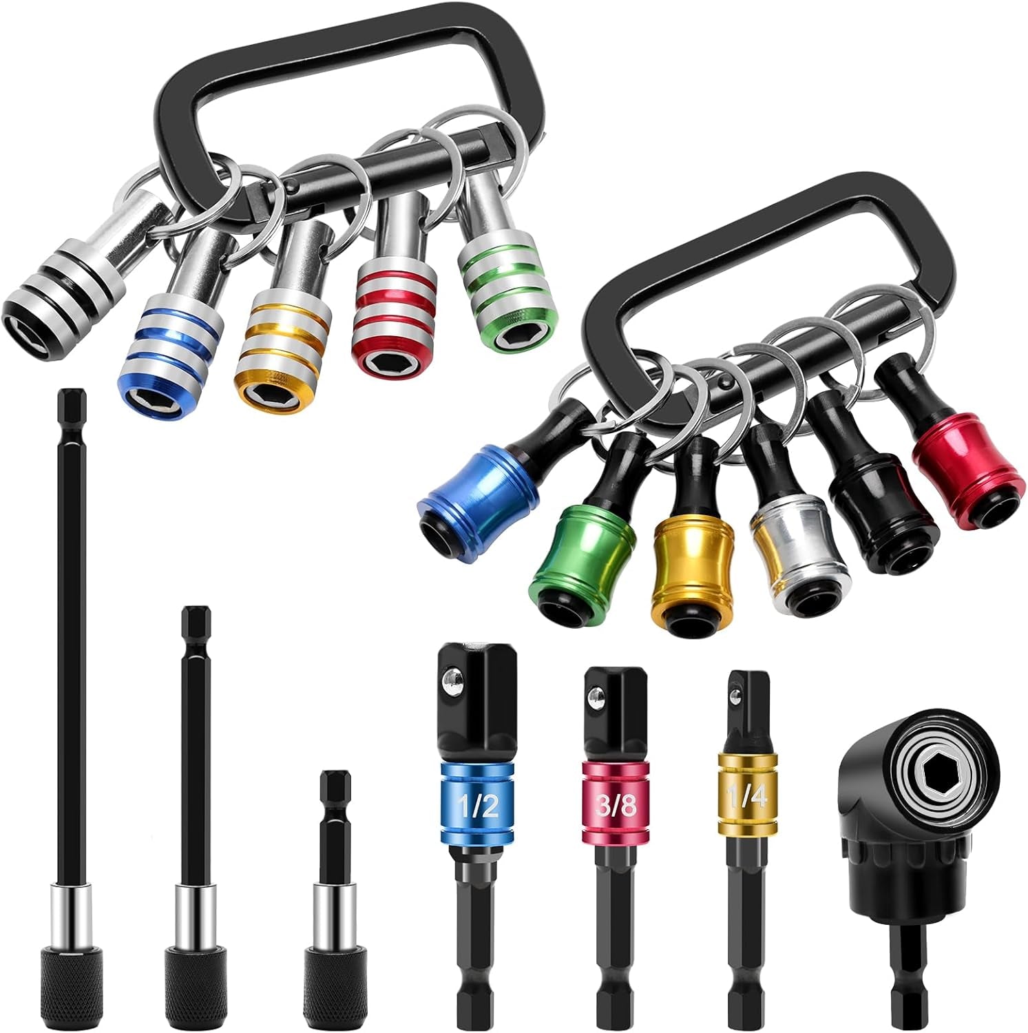 18PCS Bit Holder Keychain Gadgets, Includes Right Angle Drill Adaptor, 3Pcs 1/4" 3/8" 1/2" Drill Socket Adapter, 3Pcs 1/4 Inch Hex Shank Quick Release Bar Socket Screwdriver 11P Bit Holder