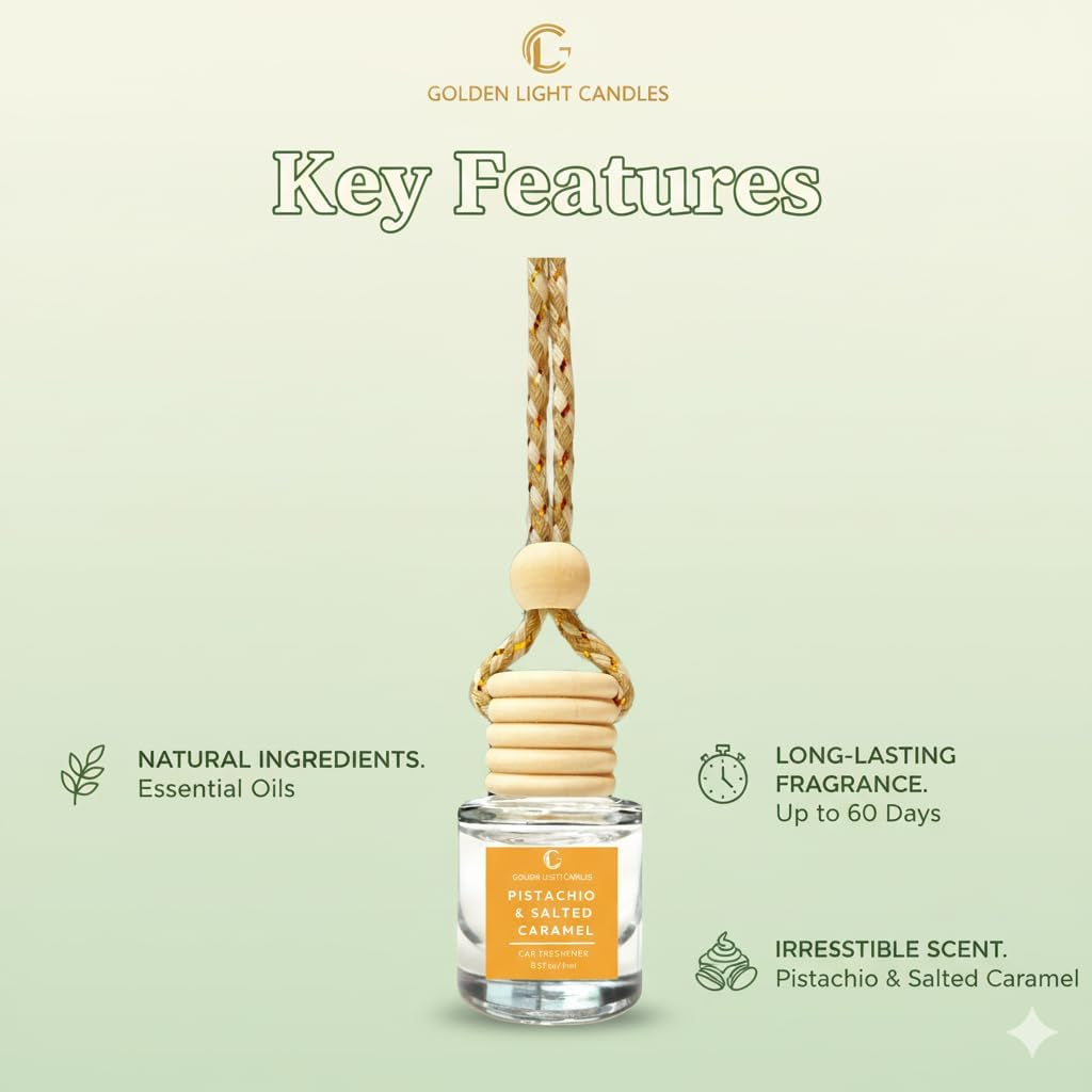 Car Air Freshener Hanging Diffuser 2 Pack – Pistachio & Salted Caramel Scent, 45+ Days Long Lasting Essential Oil Fresheners, Made in USA, Cute Car Diffuser for Women