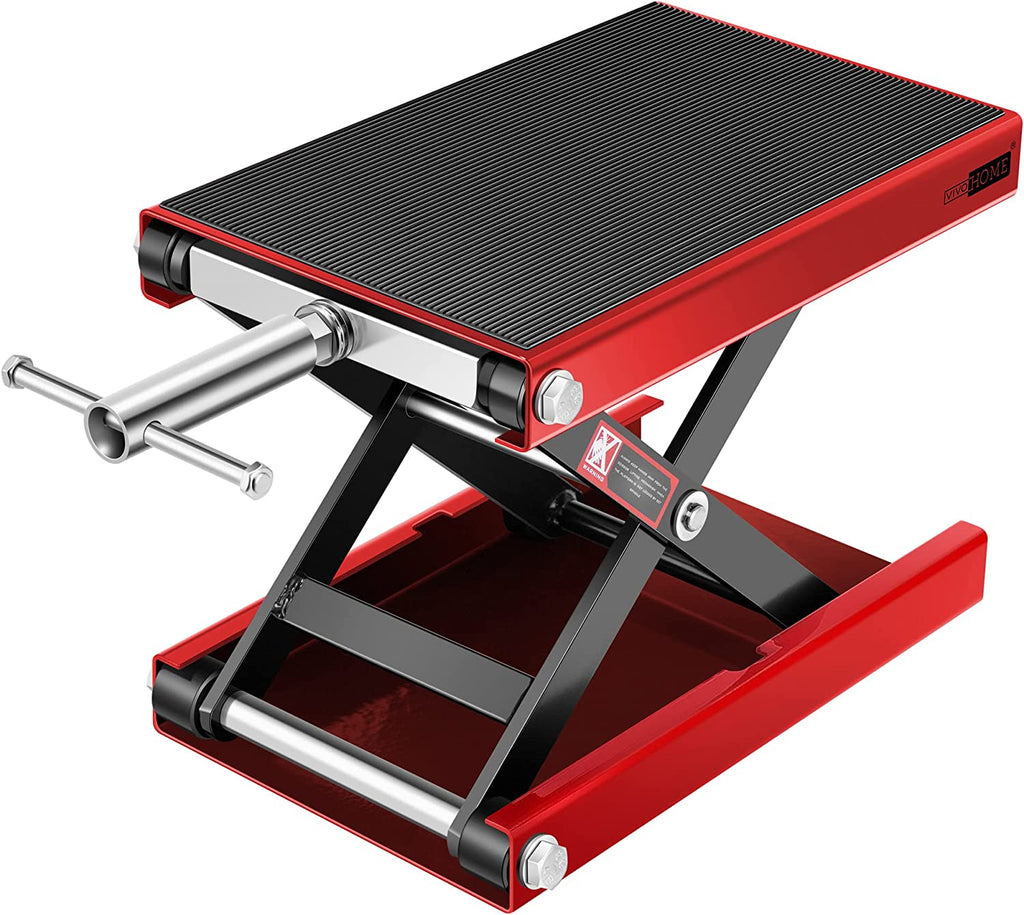 1100 LBS Motorcycle Lift Scissor Jack, Wide Deck Hoist Stand, Height Adjustable Center Stand with Crank, Steel Lift for Cruiser, Dirt Bike, ATV - Red