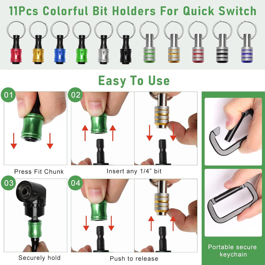 18PCS Bit Holder Keychain Gadgets, Includes Right Angle Drill Adaptor, 3Pcs 1/4" 3/8" 1/2" Drill Socket Adapter, 3Pcs 1/4 Inch Hex Shank Quick Release Bar Socket Screwdriver 11P Bit Holder