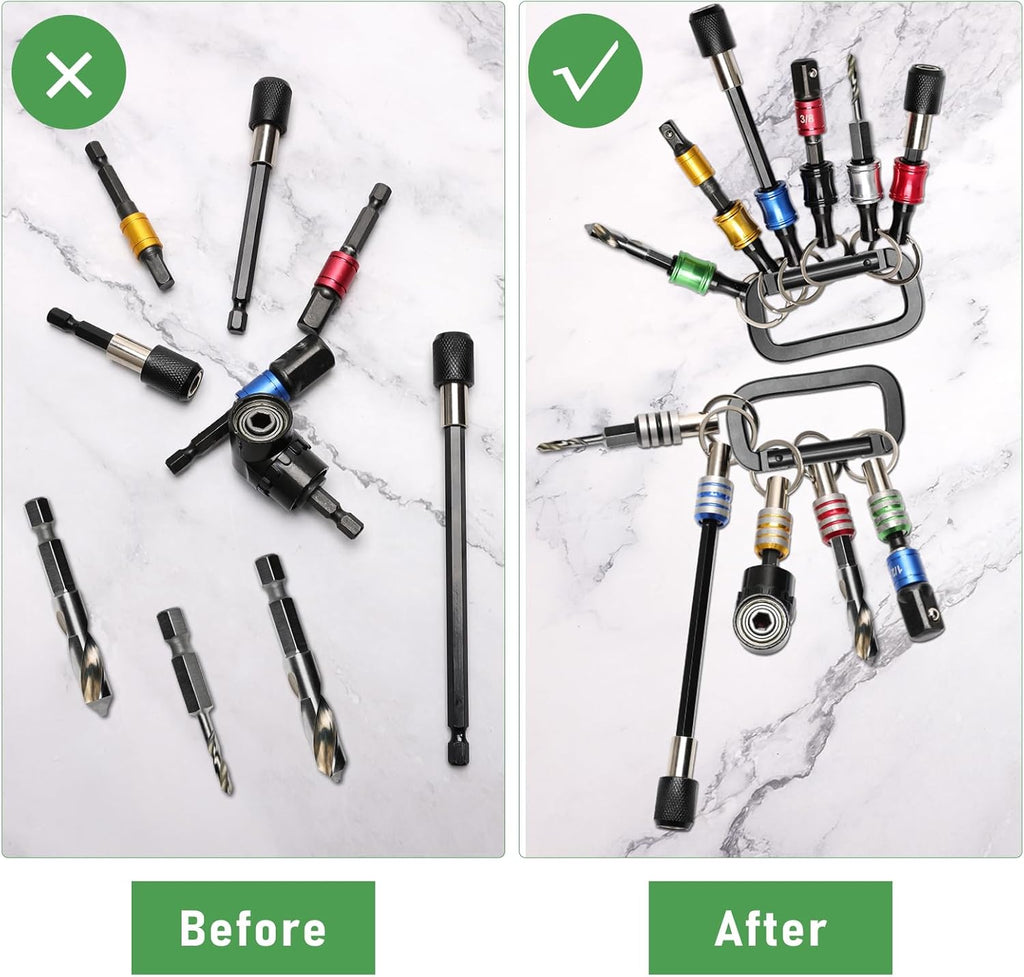 18PCS Bit Holder Keychain Gadgets, Includes Right Angle Drill Adaptor, 3Pcs 1/4" 3/8" 1/2" Drill Socket Adapter, 3Pcs 1/4 Inch Hex Shank Quick Release Bar Socket Screwdriver 11P Bit Holder
