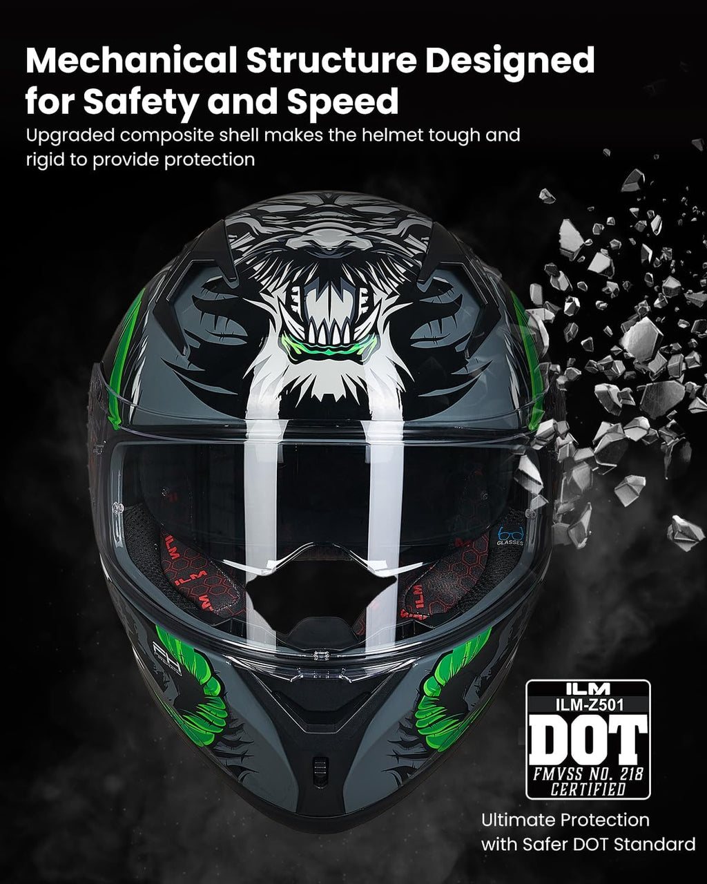 Motorcycle Helmet Full Face with Pinlock Compatible Clear&Tinted Visors and Fins Street Bike Motocross Casco DOT Model Z501(Legend Green, Medium)