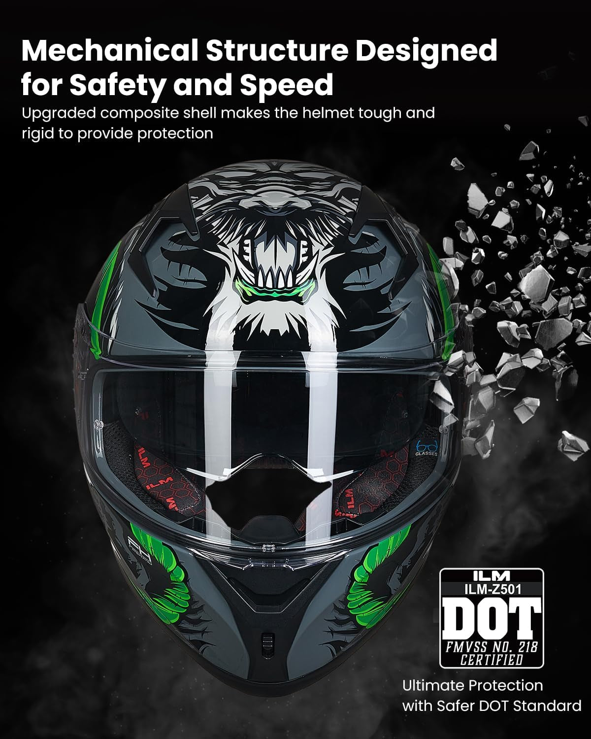 Motorcycle Helmet Full Face with Pinlock Compatible Clear&Tinted Visors and Fins Street Bike Motocross Casco DOT Model Z501(Legend Green, Medium)