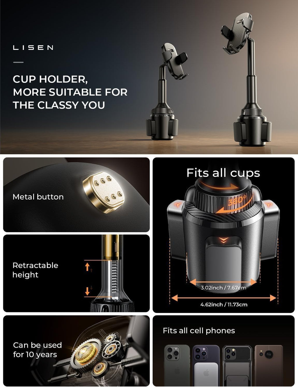 Cup Phone Holder [No Shaking] Phone Holder for Car, 360 Adjustable Iphone Holder for Car Accessories for Women Truck Jeep Golf for Iphone 17 Pro Max 16 15 14 13 Samsung S25 All 4-7'' Phone