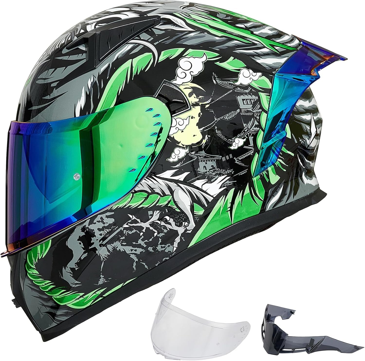 Motorcycle Helmet Full Face with Pinlock Compatible Clear&Tinted Visors and Fins Street Bike Motocross Casco DOT Model Z501(Legend Green, Medium)