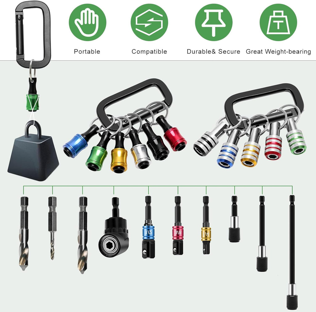 18PCS Bit Holder Keychain Gadgets, Includes Right Angle Drill Adaptor, 3Pcs 1/4" 3/8" 1/2" Drill Socket Adapter, 3Pcs 1/4 Inch Hex Shank Quick Release Bar Socket Screwdriver 11P Bit Holder
