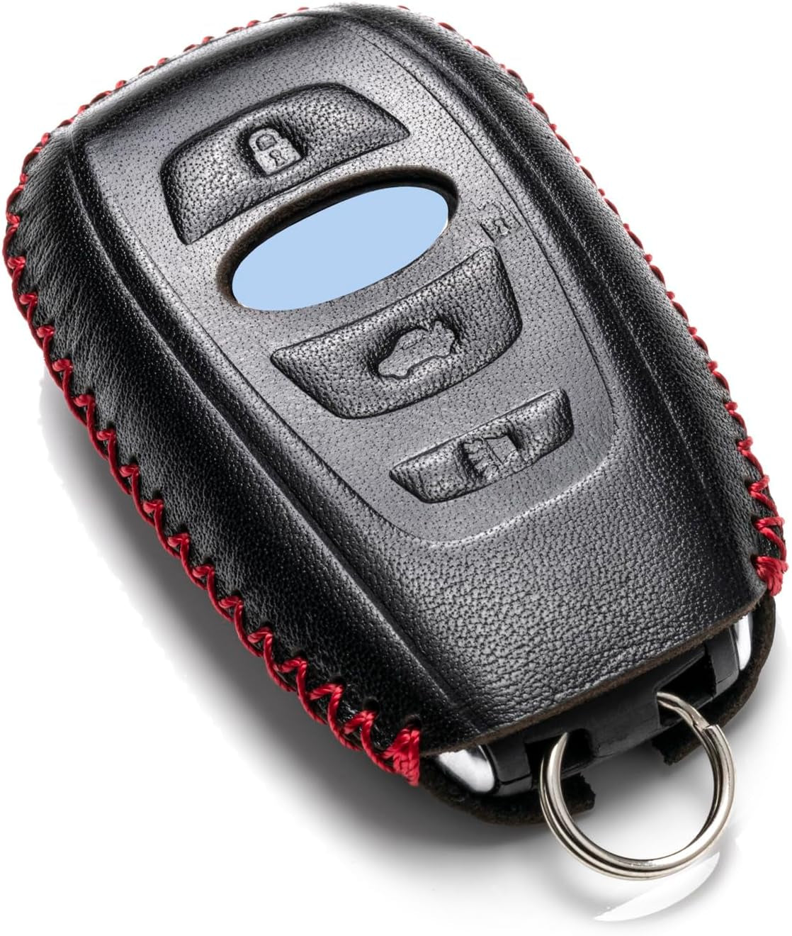 Leather Smart Key Fob Case Cover Compatible with Subaru Forester, Impreza, Outback, WRX, BRZ, XV Crosstrek, Ascent, Solterra 2014 - 2025 (4-Button, Black/Red)