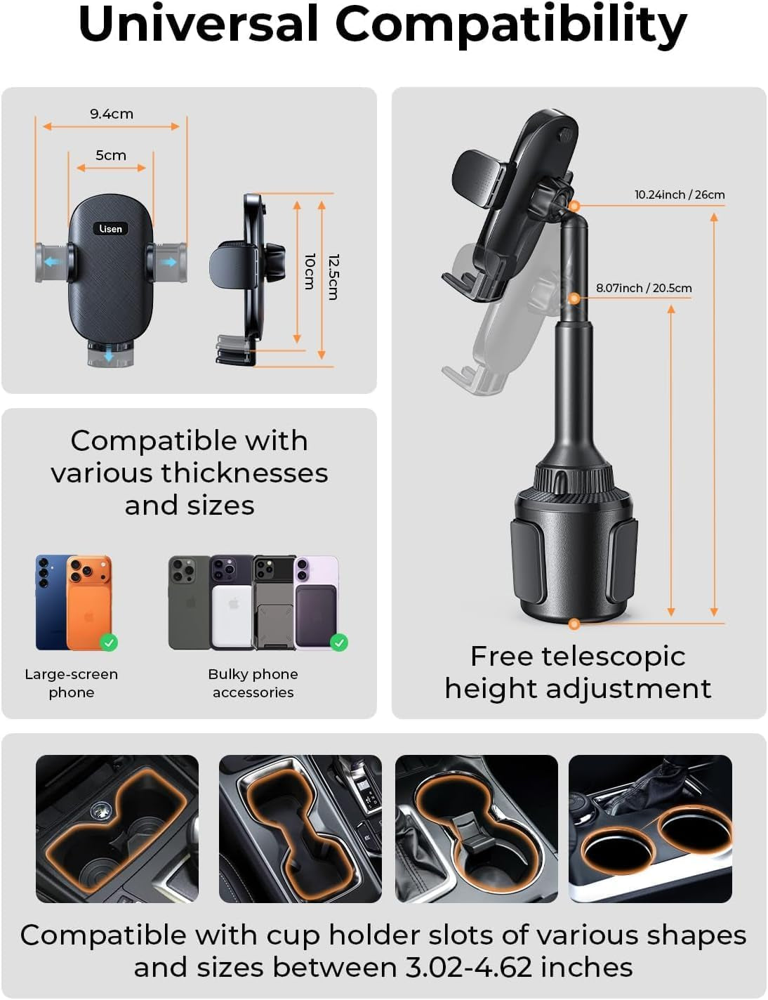 Cup Phone Holder [No Shaking] Phone Holder for Car, 360 Adjustable Iphone Holder for Car Accessories for Women Truck Jeep Golf for Iphone 17 Pro Max 16 15 14 13 Samsung S25 All 4-7'' Phone